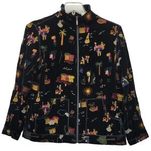 Chicos Design Womens Medium Rayon Silk Embroidered Villager People Zip Jacket